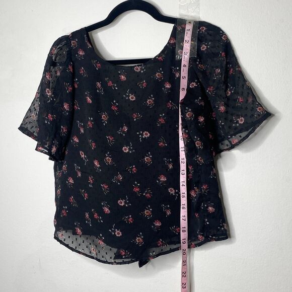 Loft Cute Black Floral Print Round Neck Short Sleeve V-Back With Ties Blouse XXS - Picture 11 of 11